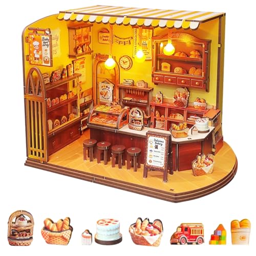 DIY Time Bakery Cottage Miniaturmodell, Retro-Brotladenszene, 3D-Montage, handgefertigtes Ornament, gemütlicher und heilender Stil, geeignet für Erwachsene von KingStora