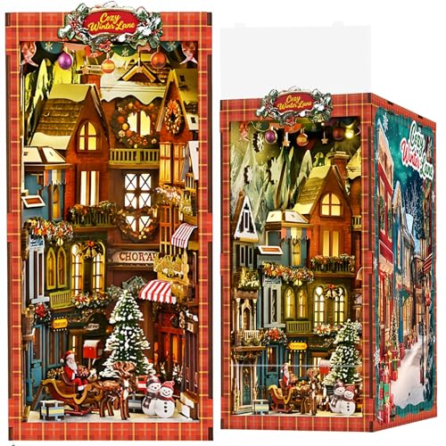 DIY Weihnachten Street Corner Miniatur Book Nook, Cozy Holiday Scene Model 3D Assembly Bookend Festive Desktop Decor Suitable for Adults von KingStora