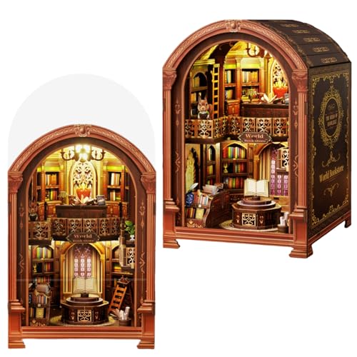 DIY World Bookstore Miniatur Book Nook, gewölbte Retro europäische Buchhandlung, 3D-Montage-Buchstütze, exquisite Desktop-Dekoration, geeignet für Erwachsene (World Bookstore B) von KingStora
