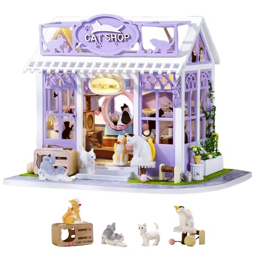 Kitten Paradise DIY Miniatur Puppenhaus Kit | Cute Lavender Cat Themed Store | Bastelgeschenk für Teenager & Erwachsene (Kitten Paradise A) von KingStora