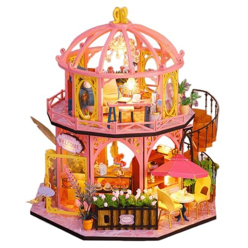 Mini-Haus zum Selbermachen, handgefertigtes Montagemodell mit transparentem Sonnendach, 360-Grad-Panorama-Hohl-Design, Café-Thema (kein Staubschutz, rosa zweistöckiges Café) von KingStora