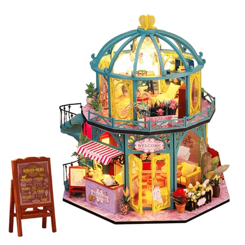Mini-Haus zum Selbermachen, handgefertigtes Montagemodell mit transparentem Sonnendach, 360-Grad-Panorama-Hohl-Design, Café-Thema (mit Staubschutz, grünes zweistöckiges Café) von KingStora