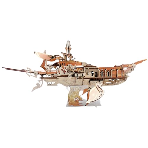 Vintage Steampunk DIY Mechanisches 3D Puzzle - Walarche des Universums Modellbausatz mit beweglichen Flügeln - Propeller & Wal-Sound, Fantasy Atlantis Raumschiff (DAWN PLATINUM WHITE) von KingStora