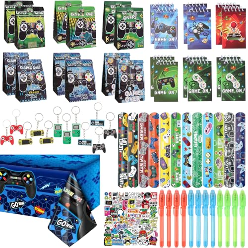 KingYH 111 Stück Videospiel Mitgebsel Kindergeburtstag mit Notizbuch UV Zauberstifte Schlüsselanhänger Aufkleber Geschenktüten Schnapparmbänder und Videospiel Tischdecke von KingYH