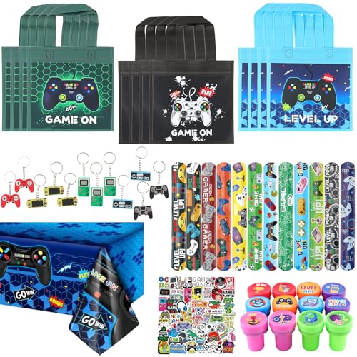 KingYH 99 Stück Videospiel Mitgebsel Kindergeburtstag 6 7 8 9 10 Jahre Kindergeburtstag Gastgeschenke mit Partytüten Stempel Schlüsselanhänger Aufkleber Schnapparmbänder und Videospiel Tischdecke von KingYH