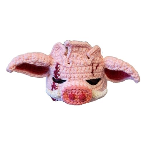 Kingke Handgehäkelte Schweinekopfmaske Für Erwachsene Gestrickt Kopfbedeckung Halloween Party Neuheit 3D Kopfbedeckung Mädchen Maskerade Party Kopfschmuck Handgefertigte Kopfbedeckung Für Halloween von Kingke