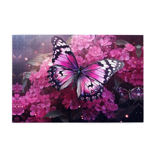 Puzzle mit rosa Blumen, violettem Schmetterling, 1000 Teile, pädagogische intellektuelle Holzpuzzles, lustige Puzzles, Stressabbau-Puzzles, 75 x 50 cm (L x B) von Kingww