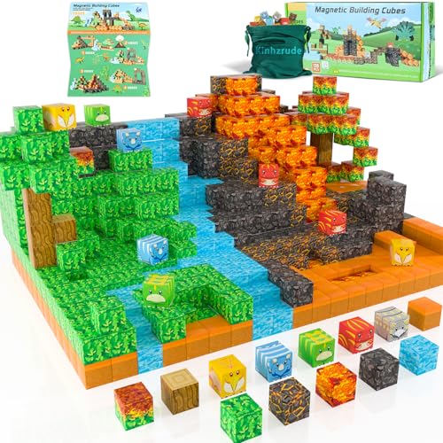 Magnetische Bausteine – Magnet-Bausteinspielzeug, Montessori-Bauspielzeug für Jungen und Mädchen, Magnetfliesen-Würfel, STEM-Sinnes-Spielzeug, Geburtstagsgeschenk für Kinder ab 3+ (Dinosaurierwelt) von Kinhzrude