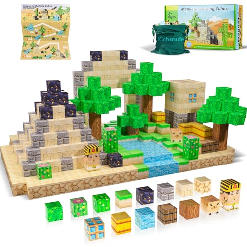 Magnetische Bausteine-Magnetisches Bauklötze-Spielzeug,Montessori-Konstruktionsspielzeug für Jungen und Mädchen,Magnetfliesen-Würfel,STEM-Spielzeug,Geschenk für Kinder ab 3 Jahren (Wüstenwelt) von Kinhzrude