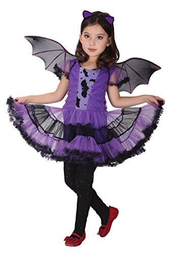 Kiniris Halloween-Kostüm Fledermaus für Mädchen, Vampir mit Flügeln, Halloween-Kostüm, Kinder, Mädchen, Karneval, Abendkleid, Tutu (7-9 Jahre, Violett) von Kiniris
