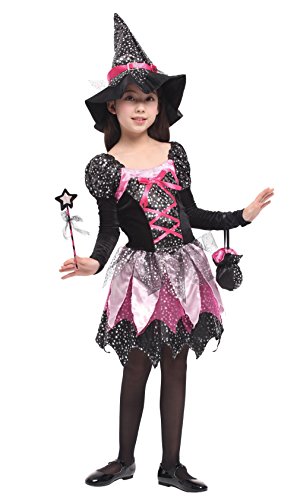 Kiniris Hexekleid Halloween Mädchen Hexenkostüm Cosplay Karneval Faschingkostüm Kinder Mädchen Zauberer Verkleiden Cosplay Kostüm und Hut Zauberstab Bonbontüte (Rosa, 7-9 Jahre) von Kiniris