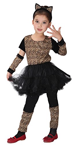 Kiniris Kostüm Katze Mädchen Karneval Kostüm Leopard Cosplay Kleid Tier Kinder Mädchen Halloween Allerheiligen Abend (Leopard, 10-12 Jahre) von Kiniris