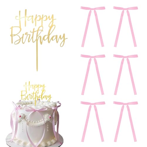 Kinretixia 6 Stück Kuchendekoration mit Schleife und Band mit Happy Birthday Schild, Coquette Motto Party, Rosa Vintage Kuchenaufsatz für Herzkuchen, Vintage Kuchen von Kinretixia