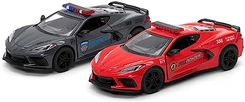 Kinsmart Police/Firefighter Edition 2021 Corvette (kompatibel mit) Modellauto im Maßstab 1:36 aus Druckguss, zu öffnende Türen, Pullback-Go-Spielzeug von Kinsmart
