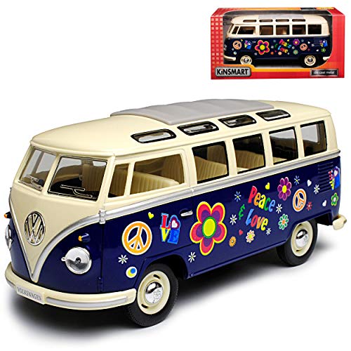 Kinsmart Volkwagen T1 Blau mit Beige Samba Bully Bus Flower Power 1950-1967 1/24 Modell Auto mit individiuellem Wunschkennzeichen von Kinsmart