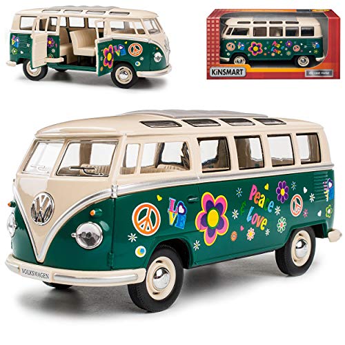 Kinsmart Volkwagen T1 Grün mit Beige Samba Bully Bus Flower Power 1950-1967 1/24 Modell Auto mit individiuellem Wunschkennzeichen von Kinsmart