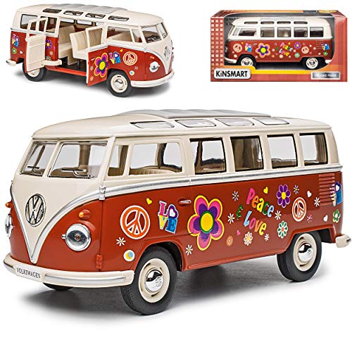 Kinsmart Volkwagen T1 Rot mit Beige Samba Bully Bus Flower Power 1950-1967 1/24 Modell Auto mit individiuellem Wunschkennzeichen von Kinsmart