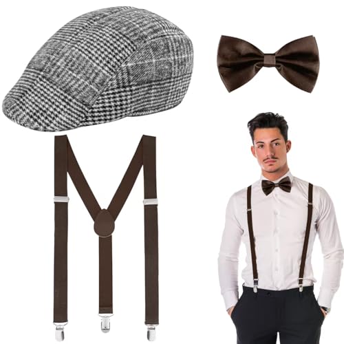 Kinwers 20er Jahre Kostüm Herren,5 Stück Mafia Kostüm Herren Enthalten Schirmmütze/Hosenträger/Rohr/Fliege/Bart,Peaky Blinders kostüm Geeignet Fasching Halloween Cosplay von Kinwers