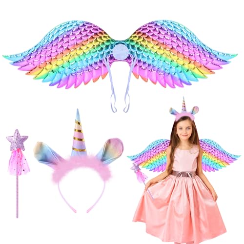 Kinwers Kostüm Einhorn Kinder,3 Stück Einhorn Kostüm Mädchen Einhorn Haarreif Flügel Kinder Sternenzauberstab, Für 3-8 Jahren Geeignet Cosplay Karneval Kostüm Kinder von Kinwers