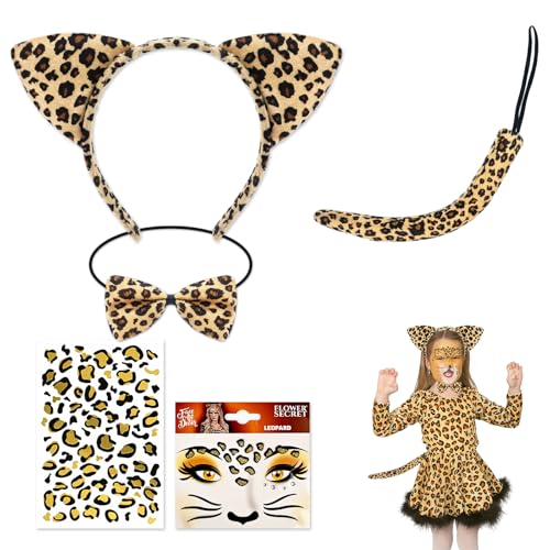 Kinwers Leoparden Kostüm Kinder,5-teiliges Set Tier Leopard Ohren Damen Haarreif Fliege mit Temporäre Tattoos, für Halloween Cosplay Partys, Karneval Party Kinwers Leoparden Kostüm Kinder,5-teiliges Set Tier Leopard Ohren Damen Haarreif Fliege mit Temporäre Tattoos, für Halloween Cosplay Partys, Karneval Party von Kinwers