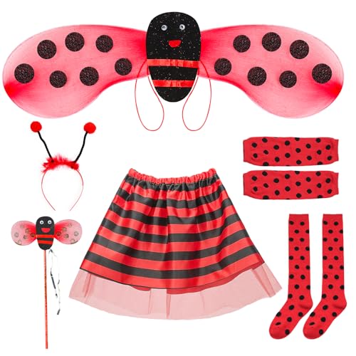 Kinwers Marienkäfer Kostüm Kinder,6 Stück Ladybug Kostüm Mädchen mit Haarreif, Flügel, Rock, Zauberstab,Socken, Handschuhe, Marienkäfer Kostüm Baby Prinzessin Tutu Karneval Kostüm Kinder von Kinwers