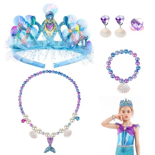 Kinwers Meerjungfrau Haarreif,5 Set Blau Meerjungfrau Kostüm Mädchen Kinder,Inklusive Krone Ohrclips Halskette Armband Ringe,Kinderschmuck Mädchen 3/4 Jahre von Kinwers