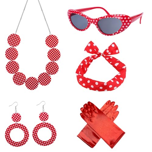 Kinwers Rrockabilly Accessoires Ddamen,5 Stück Punkt 50er jahre Accessoires Damen Rock n Roll Kostüm, für Karneval Accessoires Grease Kostüm Damen（Rot） von Kinwers