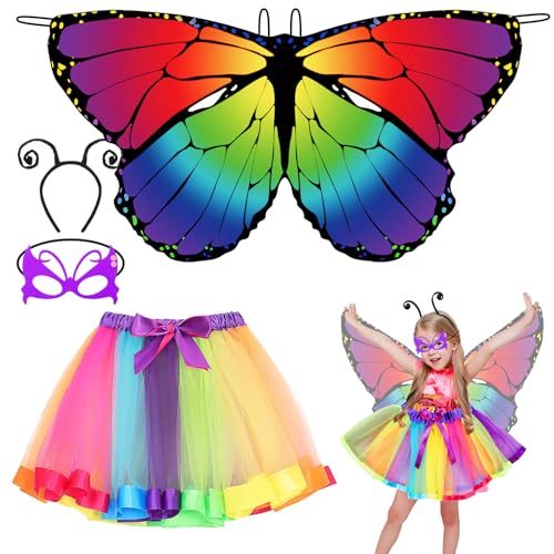 Kinwers Schmetterling Kostüm Kinder,4 Stück Kostüm Schmetterling Kinder Mädchen Schmetterlingsflügel mit Maske Haarreif Gazerock,Halloween Kostüm Karneval Fasching Cosplay von Kinwers