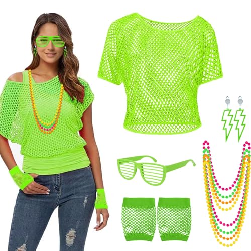 Kinwers kostüm 80er jahre damen,5er Set 90er jahre accessoires Netzshirt,Netzhandschuhe,Halskette,Ohrring,Brille, 80er jahre kostüm Neon fluorescencia Grün Accessoires Thema Party Karneval. von Kinwers