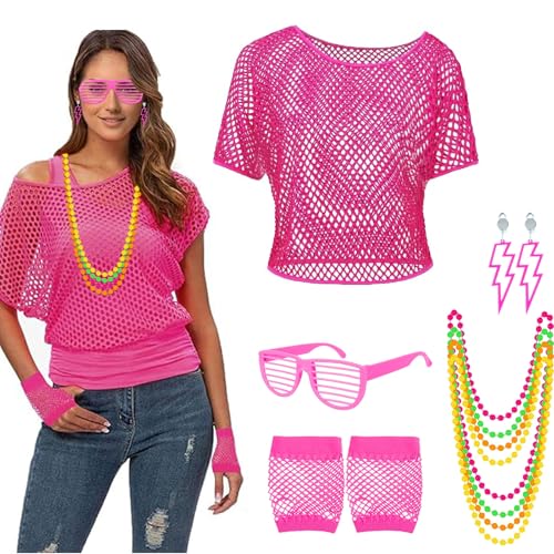 Kinwers kostüm 80er jahre damen,5er Set 90er jahre accessoires Netzshirt,Netzhandschuhe,Halskette,Ohrring,Brille, 80er jahre kostüm Neon fluorescencia Accessoires Thema Party Karneval. von Kinwers