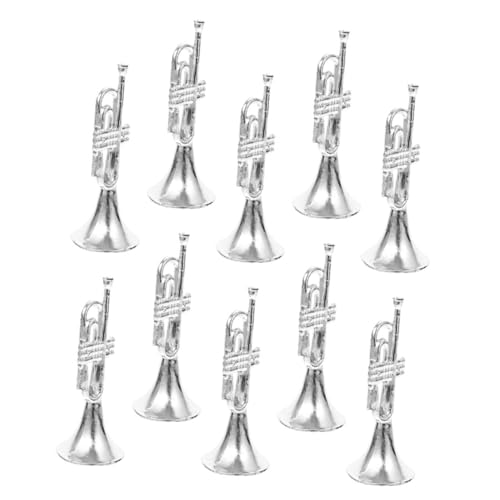 Kisangel 10 Stück Musikinstrumentenmodell Miniaturen Silberne Spielzeugtrompete Puppenhaus-Trompeten- Dekoration winzig Musical Mini-Trompetenschmuck kleinste Trompete Plastik Silver von Kisangel