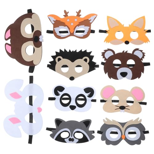 Kisangel 10 Stück Teiliges Set Tiermasken für Cartoon Filzmasken für Dschungel Themenpartys Halloween und Weihnachten Geeignet für Rollenspiele und Kostüme Reh Igel Panda Waschbär Eule von Kisangel