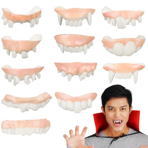 Kisangel 12 Stück Teiliges Halloween Vampirzähne aus Robustem PVC Verschiedene Stilvolle Fake Fangs für Cosplay Partydeko und Scherzartikel Einfach Anzuwenden und Wiederverwendbar von Kisangel