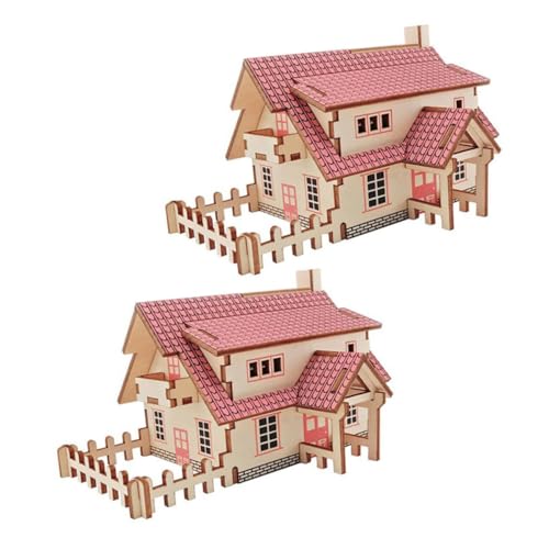 Kisangel 2 Sätze Holzpuzzle Modelle von Holzhäusern Montagehäuser aus Holz DIY Miniaturhaus Spielmontagemodell Miniatur-Holzhaus Mini-Hausbausatz hölzern rot von Kisangel