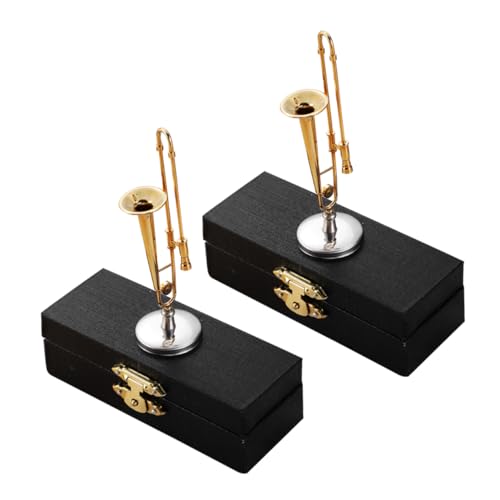 Kisangel 2 Sätze Mini Trombone Ornament Modell mit Ständer und Schwarzer Box Miniatur Musikinstrument Dekoration für Musikliebhaber Platzsparend und Reisegeeignet von Kisangel