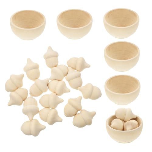 Kisangel 20 Stück Teiliges Holz Eichel Set zum Zählen und Sortieren mit Holzschalen Naturbelassenes DIY bastelspielzeug für Herbstliche Dekoration Tragbar und Langlebig Fördert Kreativität von Kisangel