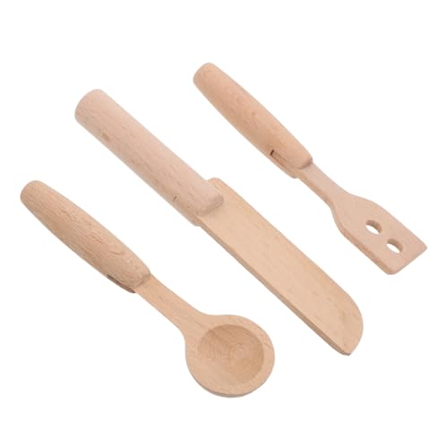 Kisangel 3 Stück Teiliges Holz Küchenutensilien Set für Realistische Kochwerkzeuge mit Löffel und Messer Spielzeugküchenaccessoires für Kreative Rollenspiele für Kleinkinder und von Kisangel