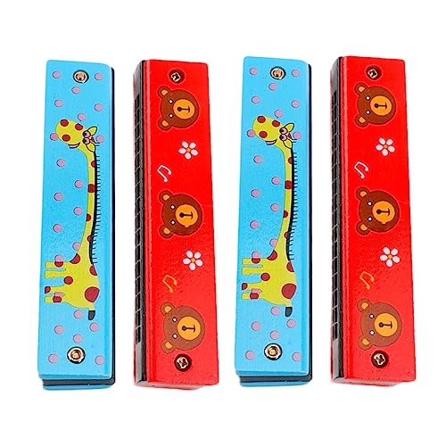 Kisangel 4Stücke Holz Mundharmonika Doppelreihen Lustiges Musikinstrument für Kreatives mit Cartoon Motiven Zufällige Farben Anfänger und von Kisangel