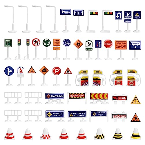 Kisangel 56-Teiliges Spielset Mit Verkehrsschildern Straßenschildern Mini-Verkehrskegeln Zebrastreifen-Signalspielzeug Ampeln Für Kinder Spielzeug Zur Sicherheitserziehung von Kisangel