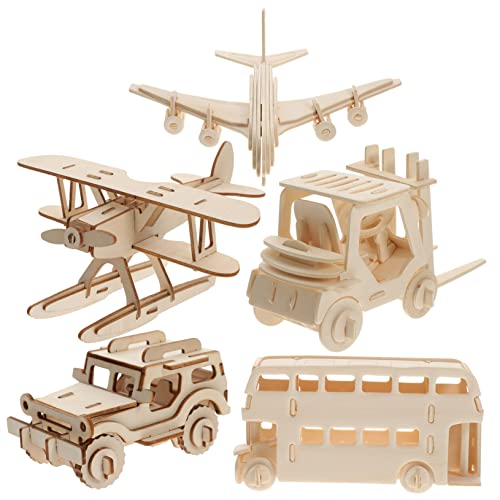 Kisangel 5Stücke Teiliges Holzpuzzle Kit für Montage Fördert Kognitive Fähigkeiten und Hand Auge Koordination Wasserflugzeug Passagierflugzeug Bus und Gabelstapler von Kisangel