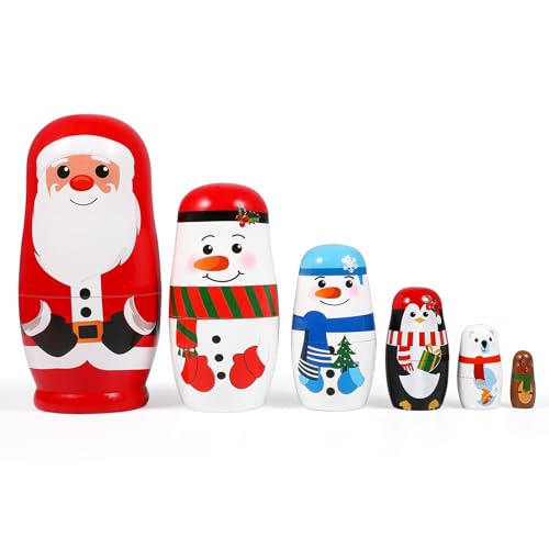 Kisangel 6-teiliges Weihnachts-nistpuppen-Set, Russische Weihnachtsmann-Puppen aus Holz, Handgefertigtes Matroschka-Set für Kindergeburtstage Und Feiertagsdekoration von Kisangel