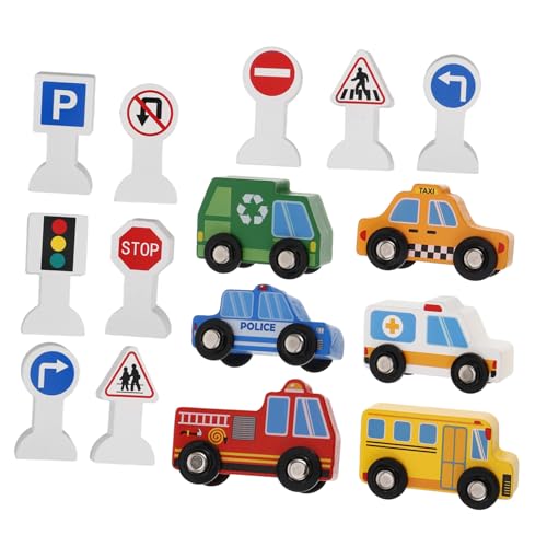 Kisangel Holzfahrzeug mit Verkehrszeichen Kleines Fahrzeugspielzeug für Kleinkinder Pädagogisches Holzauto für Kreatives und Verkehrserziehung Robustes Kinderspielzeug aus Holz von Kisangel