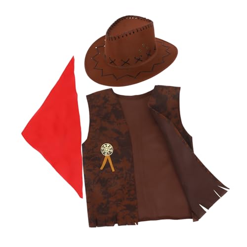 Kisangel Kinder Cowboy Kostüm Western Cowboy Cowgirl Kostüm Set Weste Hut Bandana Für Halloween Dress-up Party Cosplay Brown 115-130 M von Kisangel