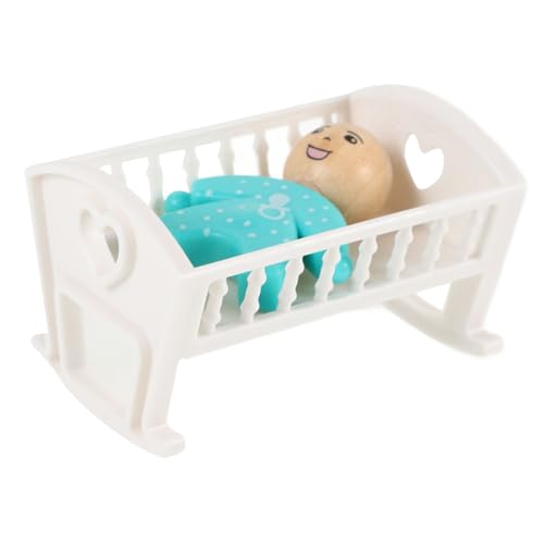Kisangel Miniatur Babybett Puppenhaus Möbel aus Holz und Abs Realistische Verarbeitung Weißes Mini Kinderbett mit Blauem Kunststoffbaby Puppenhaus Zubehör für Schlafzimmerdekoration und von Kisangel