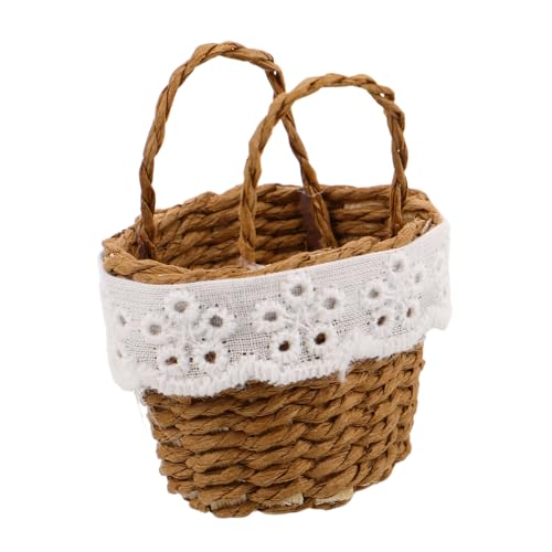 Kisangel Miniatur Handgewebter Korb aus Imitations-rattan mit Griffen Kleiner Handgeflochtener Blumentasche für Puppen Mini-szene Landschaftsdeko und Sammler von Kisangel