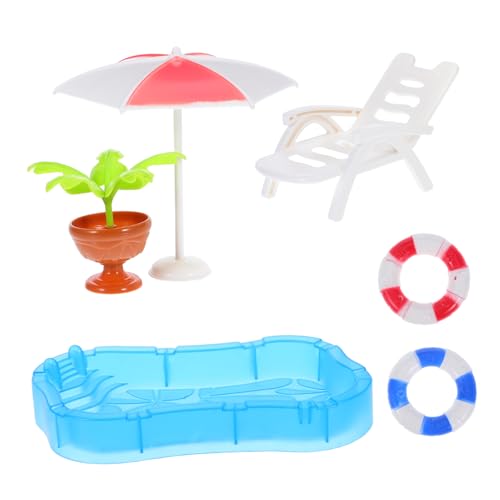 Kisangel Miniatur Strand Dekorationsset mit Schwimmring Sonnenschirm und Liegestuhl Puppenhaus Pool Accessoires aus Resin für Kreative DIY Szenerien und Fantasievolles Spiel von Kisangel