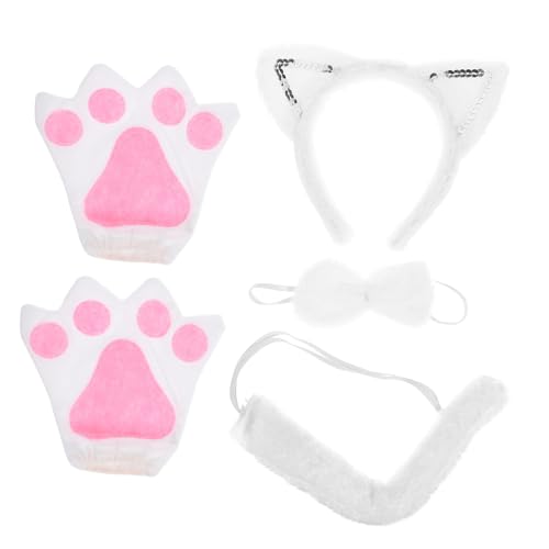 Kisangel Weißes Katzenkostüm mit Plüschohren Handschuhen und Dekorativer Fliege Leichtes Cosplay Zubehör für Halloween Karneval Party und Tierkostüm Bequemes und Weiches Material von Kisangel