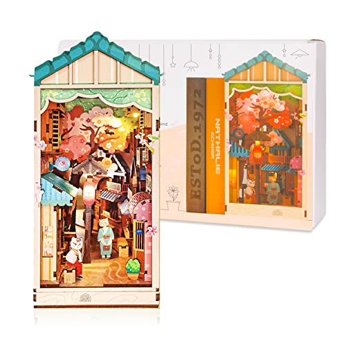 Book Nook, LED Puppenhaus Miniatur Kit, DIY 3D Puzzle Booknook Bücherregal Einsatz, Buchstützen Dekoration, Geburtstags & Festivalgeschenk für Erwachsene Kinder (Sonnenschein Allee) von Kiseely