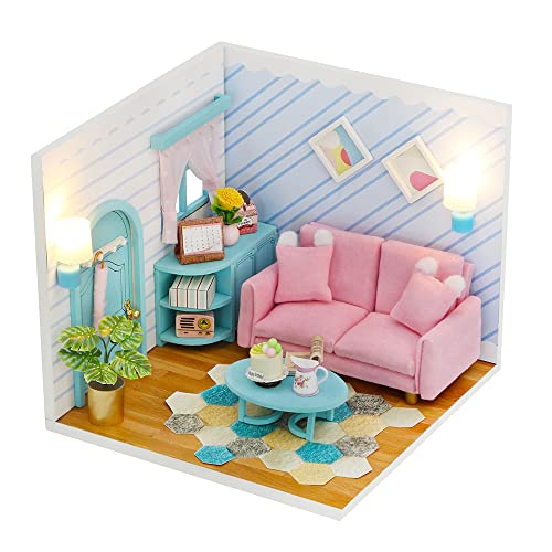 Kisoy Puppenhaus Miniatur mit Möbel-Set, DIY 3D Holz DIY Haus Kit Eine Ecke einer kleinen Wohnung Stil mit Staubschutz & LED, handgefertigtes kleines Haus Spielzeug für Kinder Erwachsene Geschenk von Kisoy