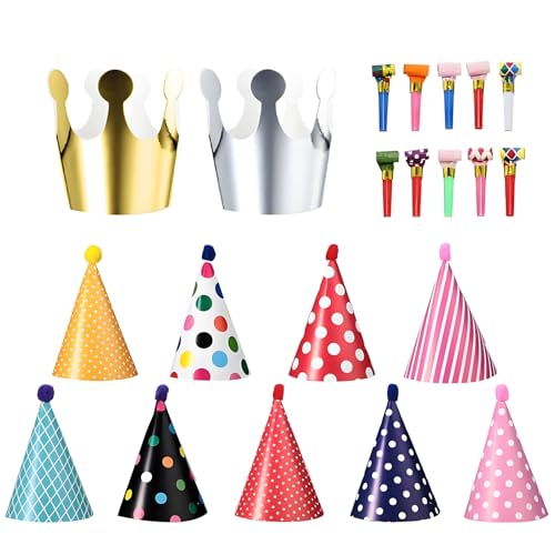 21 Stück Partyhüte Set, Party Hüte zum Geburtstag mit Pompons, Party Kegel Hüte, 9 Partyhut mit Pompoms, 2 Geburtstag Krone und 10 Lufttröte Pfeife, für Familienfeiern für Kinder (Farbe 1) von Kisstta